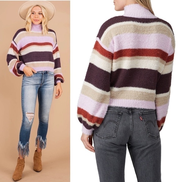 LOUNA Cropped Striped Fuzzy Knit High Mock Neck Long Balloon Sleeves Sweater XL - Picture 5 of 10